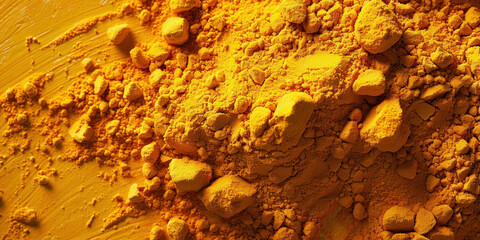 Heap of vibrant yellow powder on a matching yellow background with soft shadows and copy space