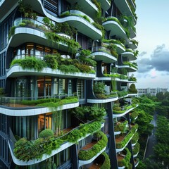 A modern apartment building featuring lush vertical gardens on each balcony, integrating green living with urban design.