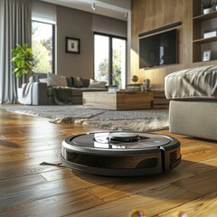 An autonomous robot vacuum cleaner glides across a wooden floor in a stylish, contemporary living room illuminated by warm lighting.