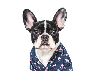 Cute puppy and stylish shirt. Isolated background. Closeup, indoors. Studio photo. Day light....