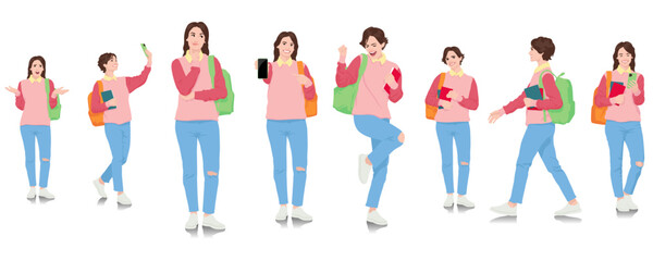 Set of young female student using smartphone dressed in loose sweater and jeans. Woman with books and phone. Smiling girl with backpack in casual cloth. Vector illustration isolated on white