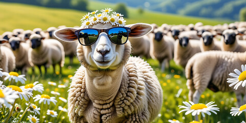 Fototapeta premium Sheep wearing sunglasses on a camomile field with daisies, blur background
