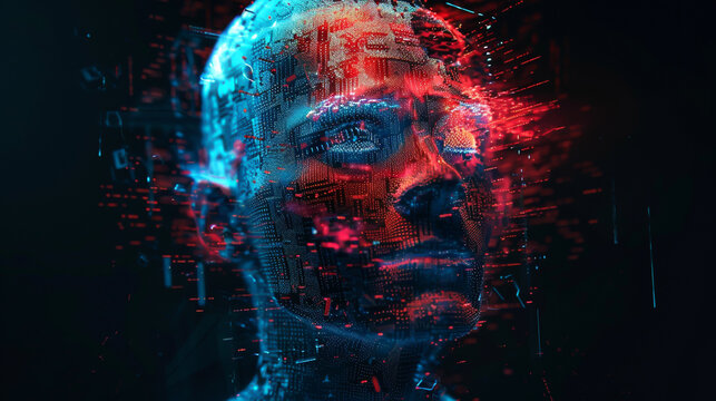 Front view of the face with light effects, dark background, cyberpunk style, man's head made up from digital elements and code