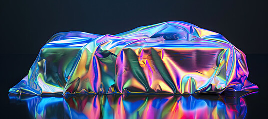 Glossy iridescent cloth, covering a box. Isolated on black background