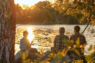 Side view portrait of a father and son sitting together on rocks and fishing with fishing rods in the calm waters of a lake with a landscape of the setting sun. generative ai - obrazy, fototapety, plakaty