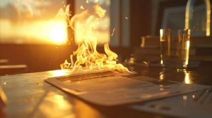  single sheet of paper burning on a cluttered businessman's desk, with the flames casting dancing shadows on the surrounding objects. 