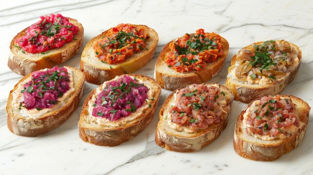   A tight shot of assorted breads adorned with toppings atop a pristine white countertop