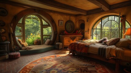 Cozy bedroom with round windows.