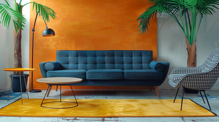 Modern retro themed interior living room. Cozy gray blue couch, carpet. Interior design, living space. Contemporary.