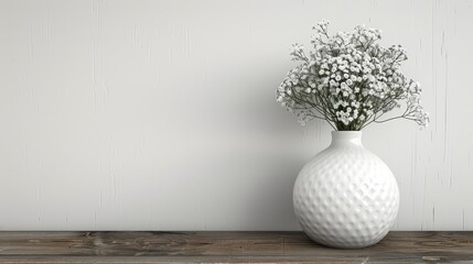   A white vase holds white flowers atop a wooden table Behind is a white wall