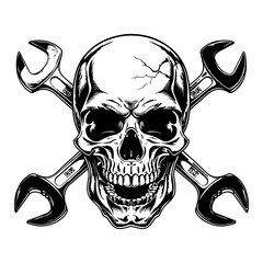 A black and white skull with crossed wrenches behind it.