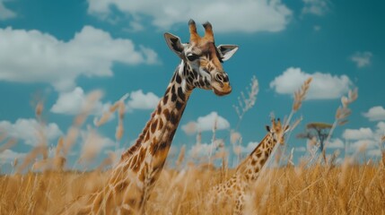 Giraffe standing tall in the savannah with its long neck, surrounded by wildlife and nature