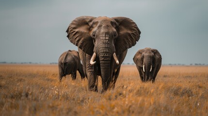 African elephant with a baby walking through grassy savannah in Kenya