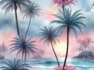 Palm trees, tropics, paradise. Watercolor drawing of tropical rain forest. Summer vacation adventure and vacation travel freedom concept. 