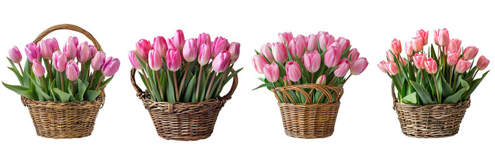 Pink Tulips - Spring Flower in basket on transparent background