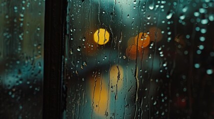 A close-up of water droplets trickling down a windowpane during a rainstorm, creating a soothing and melancholic ambiance indoors.
