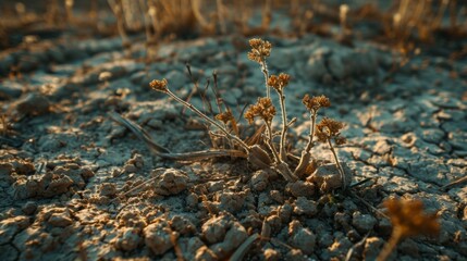 A close-up of wilted plants clinging to life in arid soil, struggling to survive amidst unforgiving conditions.