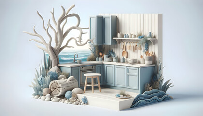 Coastal Serenity: 3D Kitchen Interior with Calm Beach Inspired Design and Natural Elements