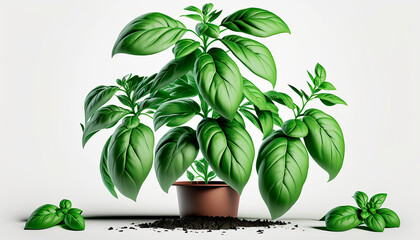Branch and leaves of basil plant isolate on white background. Generative AI, - obrazy, fototapety, plakaty