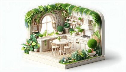 Enchanted Garden 3D Icon: A Kitchen with Floral Motifs and Topiary for a Nature-Infused Culinary Experience in Realistic Interior Design