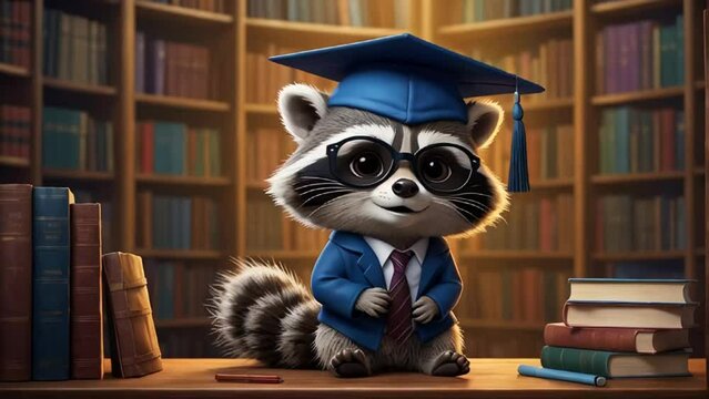 Cute raccoon in a bachelor's cap in the library banner