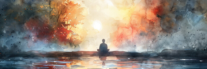 A painting depicting a person calmly seated in the center of a vast body of water, surrounded by the serene blue expanse