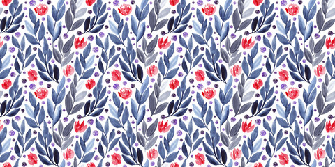 Watercolor floral in red, blue, grey and purple. Seamless pattern.  - 790940501
