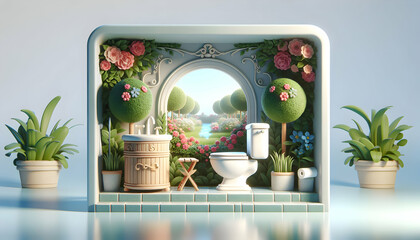 3D Garden Gaze: Realistic Interior Design with Nature, Floral Motifs, and Topiary for a Refreshing Morning Wake Up - Photo Stock Construction Concept