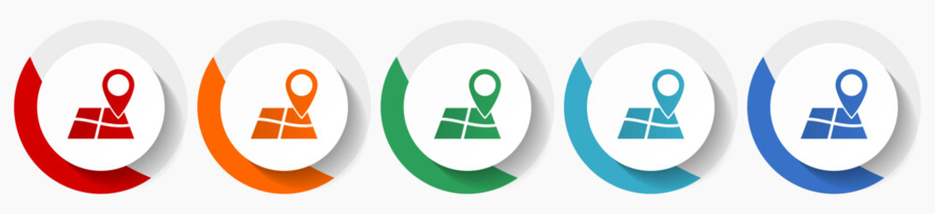 Gps, map, travel vector icon set, flat icons for logo design, webdesign and mobile applications, colorful round buttons