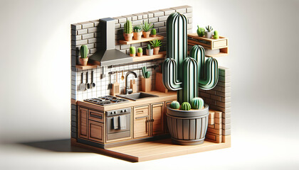 Realistic 3D Industrial Kitchen Design with Exposed Brick and Potted Cactus for Culinary Environment