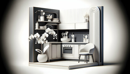 3D Icon: Modern Minimalism - Sleek Monochrome Kitchen with White Orchid- Realistic Interior Design Concept