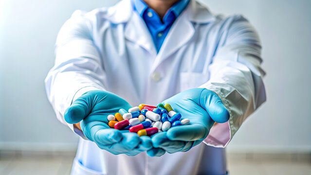 A person in a white lab coat and gloves is holding out a handful of colorful pills and capsules. The focus is on the medication, suggesting a healthcare or pharmaceutical theme.AI generated.