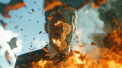  businessman's reflection in a burning piece of paper, symbolizing the destruction of his plans and dreams. 