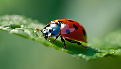 Close up macro photography of a stunning red ladybug on a beautiful green out of focus background