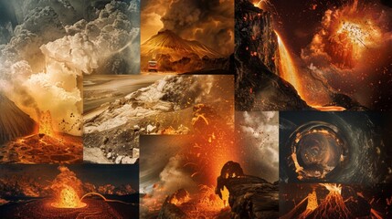 A collage of images documenting the stages of a volcanic eruption, from the initial rumblings to the fiery climax and aftermath.