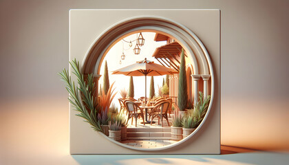3D Icon: Tuscan Tranquility - An Italian Cafe with Warm Hues and a Single Rosemary Sprig Embodies the Essence of a Tuscan Villa in Realistic Cafe Interior Design with Nature - Photo Stock Construction