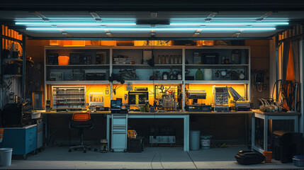 Modern Home Garage Workshop at Night with Tools and Workbench