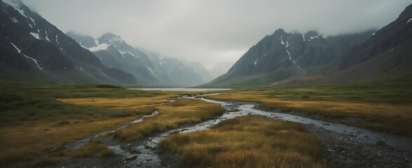 Alaskan Drizzle Delight: Remote Adventure in the Rugged Terrain of Alaska, Capturing Solitude and Beauty in the Rain Season - Stock Photo Concept