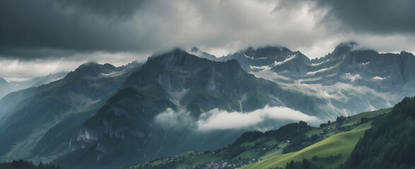 Close-up Rain Season in the Swiss Alps: Enhancing the Majesty of the Mountain Range with Alpine Precipitation