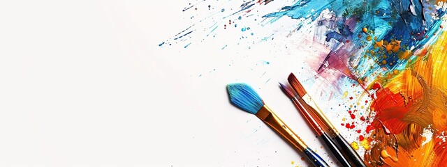 Set of different dirty paint brushes with gouache isolated on white. Composition of colorful painting brushes with paint strokes, smear smudge. Concept of hobby and creativity. Long banner, copy space