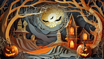 Layered paper artwork of spooky Halloween scene at night with bats and pumpkins
