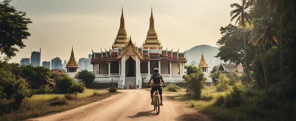 Exploring Bangkok's Cultural Heritage: Mountain Biking Trails with Traditional Thai Temples in Retro Style Photography - obrazy, fototapety, plakaty