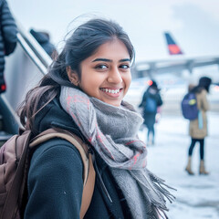 Young female traveler giving happy expression at airport