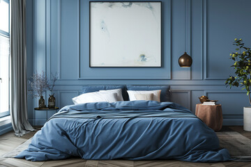 Luxury bedroom with blue cover and blank wall. Design and style concept. 3D Rendering.
