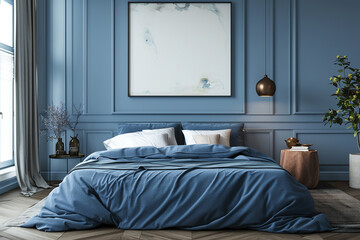 Luxury bedroom with blue cover and blank wall. Design and style concept. 3D Rendering.