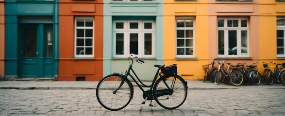Fototapeta na wymiar Copenhagen Commute: Retro Culture Photo of a Minimalist Bike in Front of Colorful Danish Buildings, Showcasing Danish Design in Vibrant Copenhagen