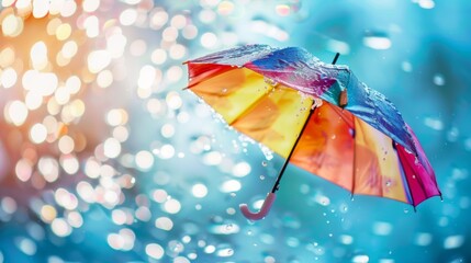 A colorful umbrella suspended in mid-air, caught in a playful gust of wind during a refreshing rain shower."