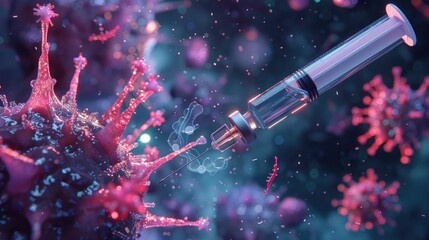 Detailed 3D visualization of a syringe pulling liquid from a small vial, virus particles scattered in the surrounding space, portraying urgent medical response, 3D illustration - obrazy, fototapety, plakaty