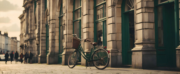 Obraz premium Dublin Daily Commute: A Retro Snapshot of City Life, Featuring a Bike Parked Against Historic Architecture in Ireland. Vintage Photo Stock Concept