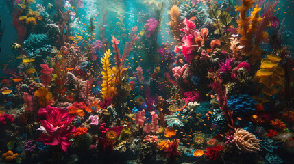 Fototapeta na wymiar Rich in color and diversity, this underwater scene features vibrant corals and a variety of marine life swimming among them